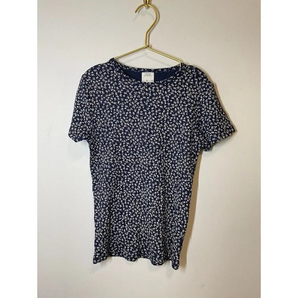 Zara Girls Short Sleeve Shirt Blue Flowers Size 10